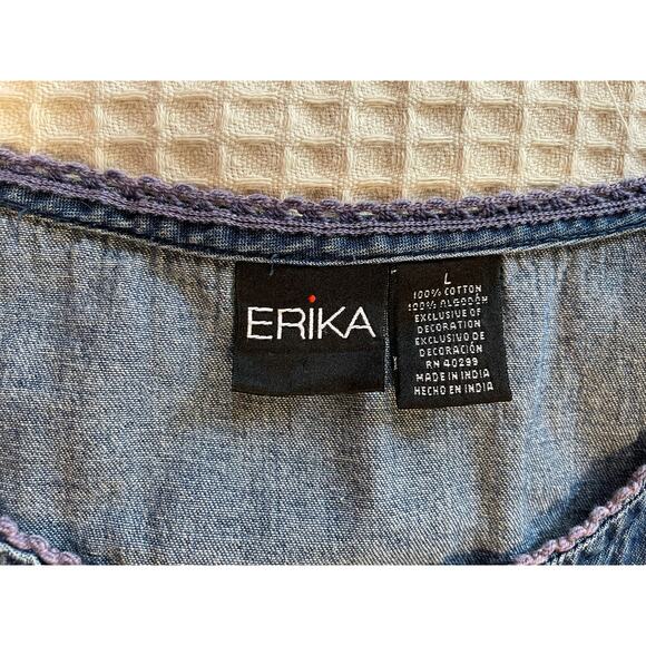 Erika Floral Embroidered Cottagecore 100% Cotton Chambray Button Up Blouse Large - Picture 5 of 9